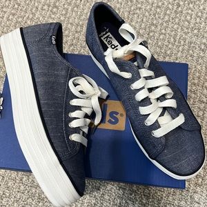 New KEDS Chambray Navy Denim Platform Sneakers Shoes 6 Triple Kick